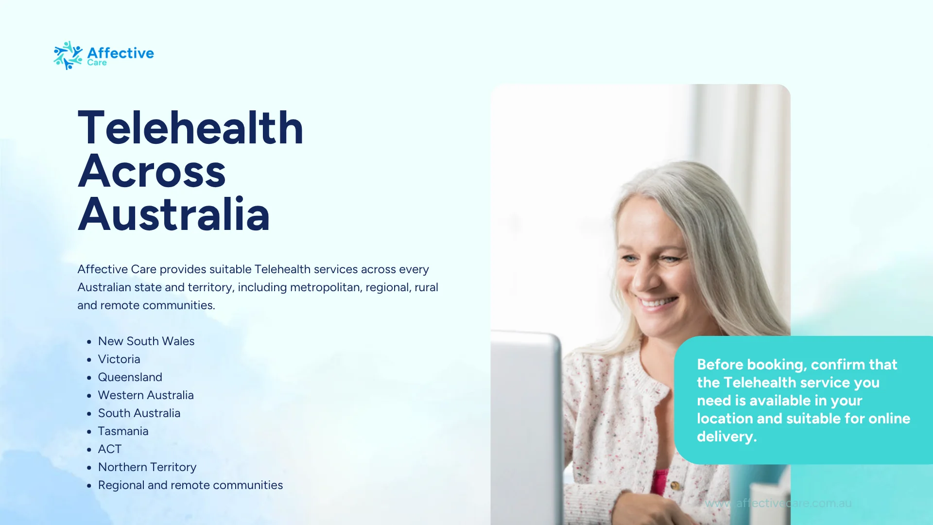 Telehealth across Australia: NSW, Victoria, Queensland, Western Australia, South Australia, Tasmania, ACT, Northern Territory and regional and remote communities