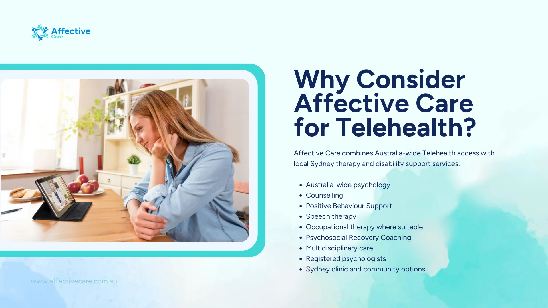 Why consider Affective Care for Telehealth: Australia-wide psychology, counselling, PBS, speech therapy, occupational therapy, recovery coaching and registered psychologists
