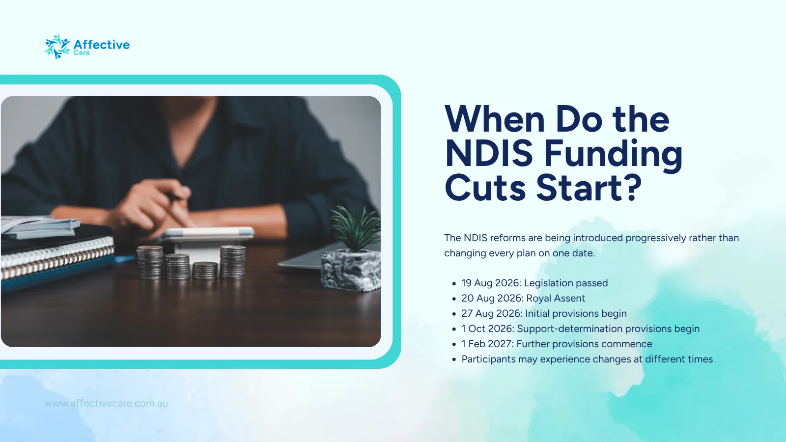 Timeline of when the NDIS funding cuts start, from August 2026 legislation to February 2027 provisions