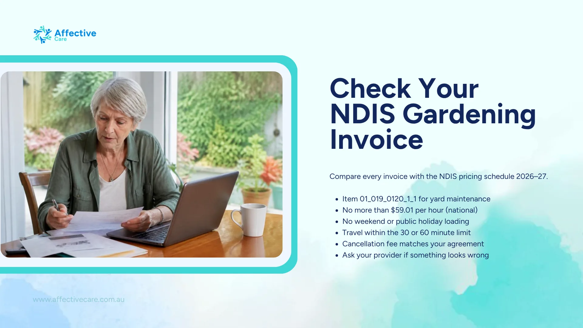 Checklist for checking an NDIS gardening invoice against the NDIS pricing schedule 2026–27
